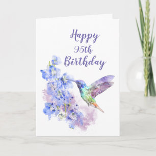 Carte Daté 95e anniversaire Hummingbird Bird Delphiniums