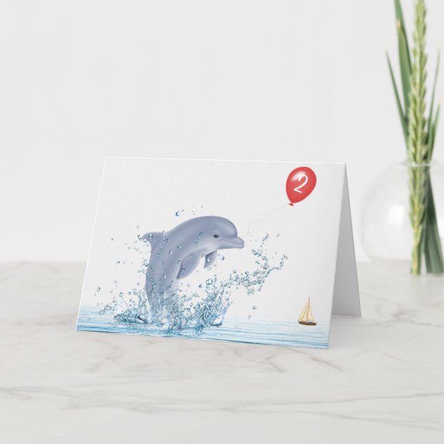 Carte Dauphin du 2e anniversaire avec ballon rouge (Devant)