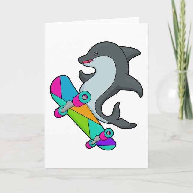 Carte Dauphin en patineur avec planche à roulettes (Devant)