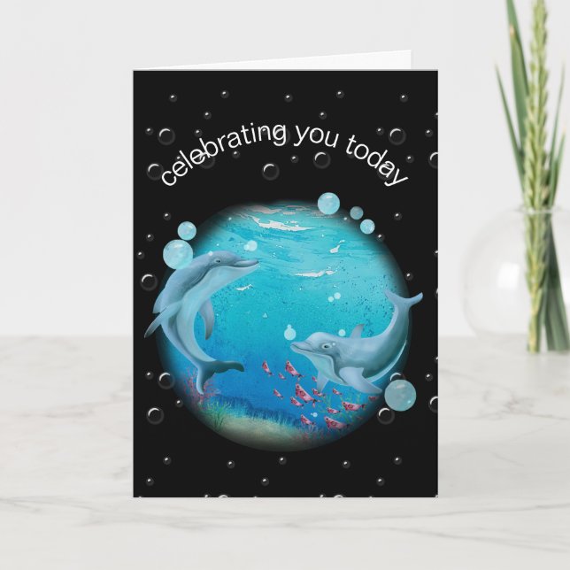 Carte Dauphins D'Anniversaire Sur Planète (Devant)