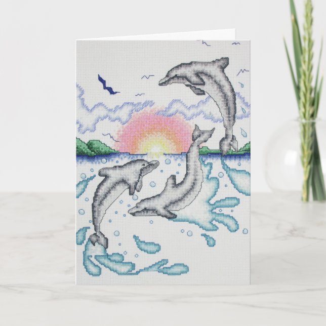 Carte Dauphins Jouant à la Plage Océane au Lever du Sole (Devant)