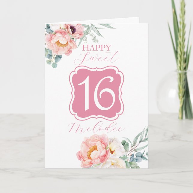 Carte de 16 ans sucrée avec Eucalyptus Peonies (Devant)