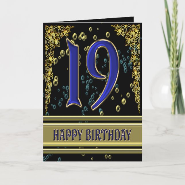 Carte de 19ème anniversaire avec or et bulles (Devant)