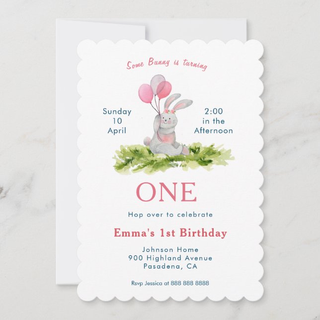 Carte de 1er anniversaire de la fille Bunny mignon (Devant)