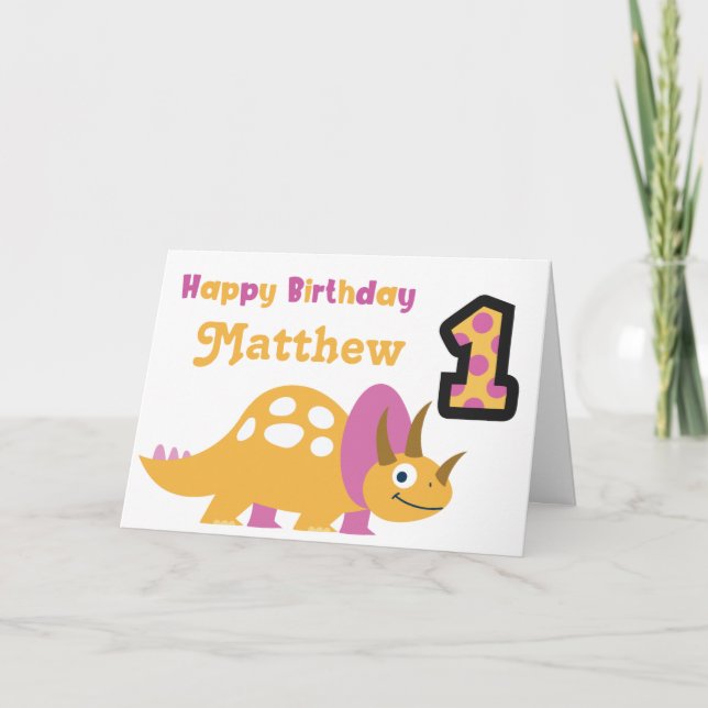 Carte de 1er anniversaire du dinosaure jaune migno (Devant)