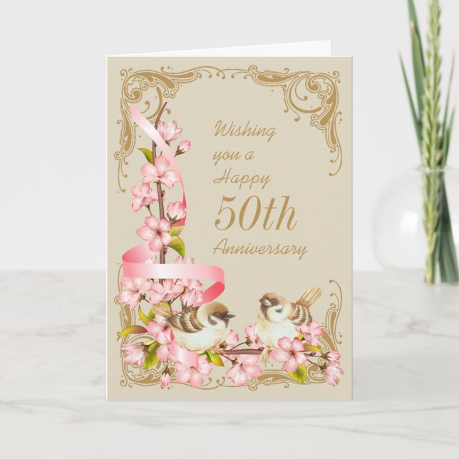 Carte de 50e anniversaire des fleurs de cerises et (Devant)