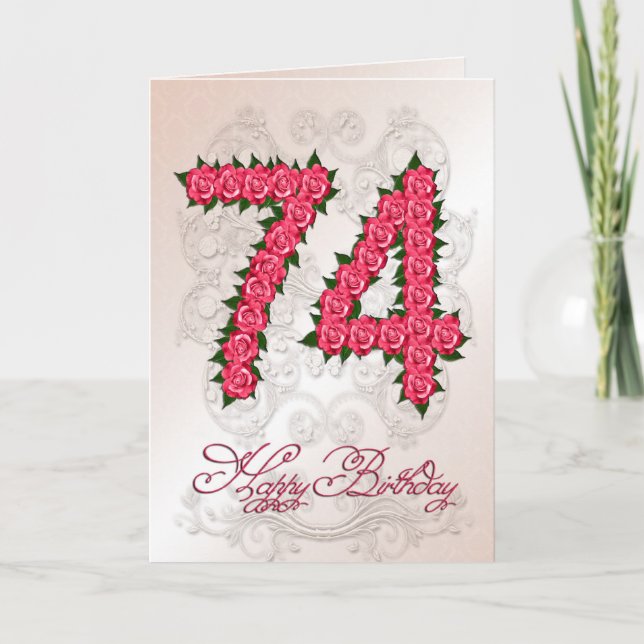 Carte de 74e anniversaire avec rose et feuille (Devant)