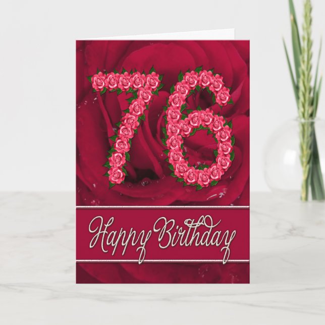 Carte de 76e anniversaire avec roses et feuilles (Devant)