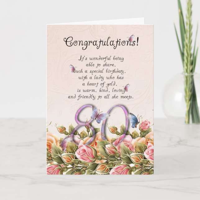 Carte de 80e anniversaire avec papillons et roses  (Devant)