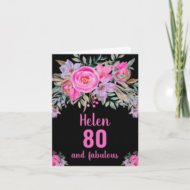 Carte de 80e anniversaire noire fleurs roses aquar (Devant)