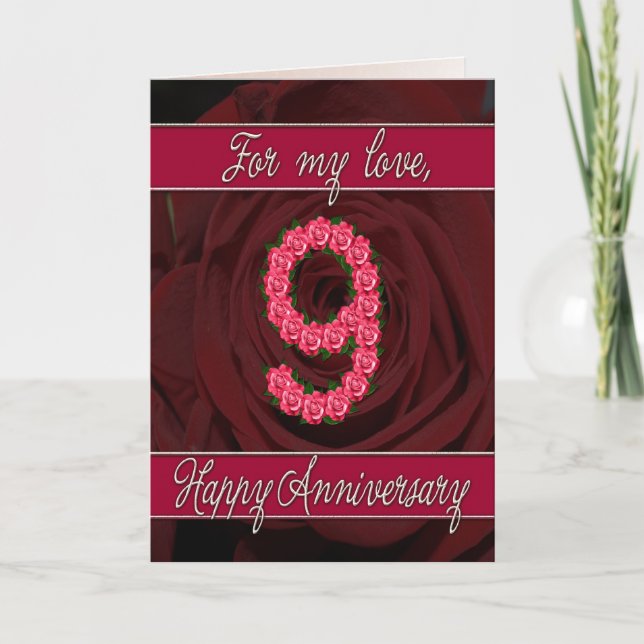 carte de 9e anniversaire avec roses et feuilles (Devant)
