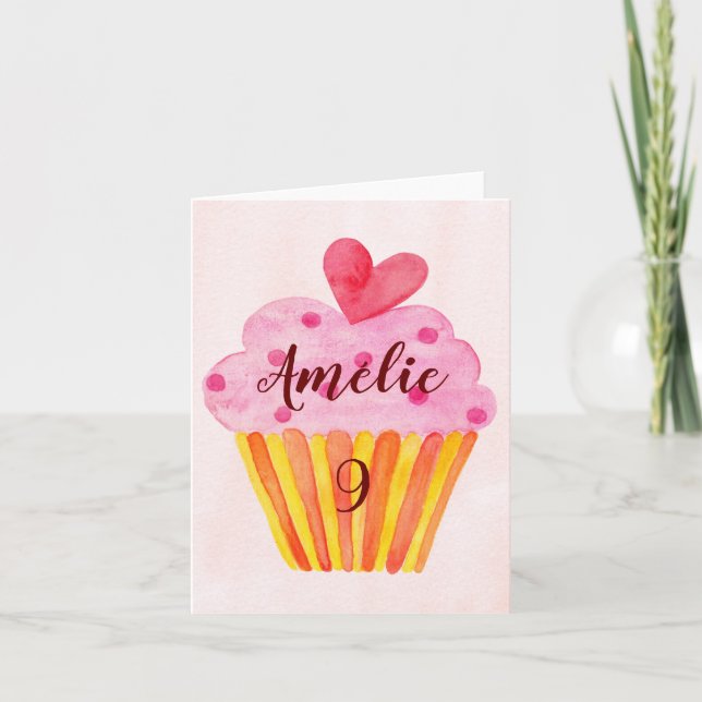 Carte de 9e anniversaire - cupcake aquarelle (Devant)