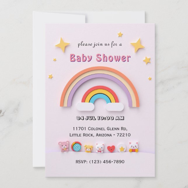Carte de Baby shower arc-en-ciel avec animaux mign (Devant)