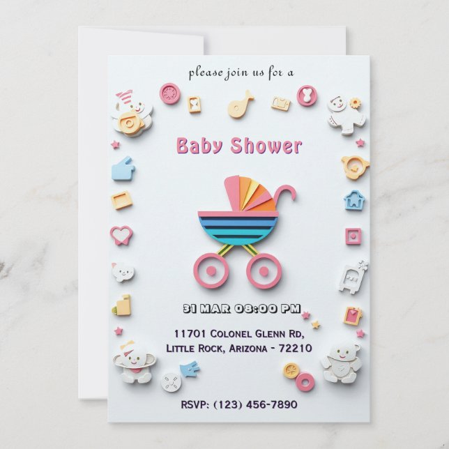 Carte de Baby Shower avec Landaue et Icônes Mignon (Devant)