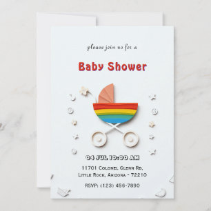 Carte de Baby Shower avec Poussette Arc-en-ciel