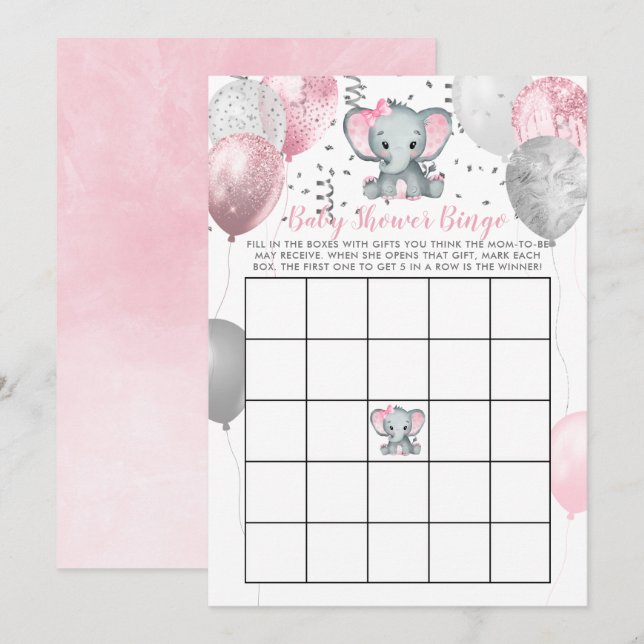 Carte de Baby shower Bingo pour fille Eléphante mi (Devant / Derrière)