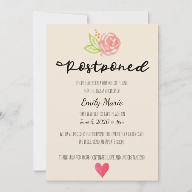 Carte de Baby shower Changement de plan du Rose de (Devant)