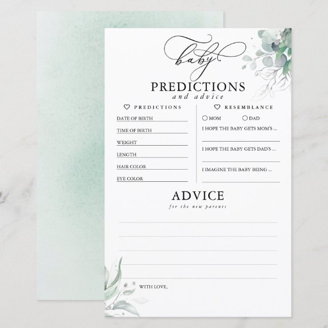 Carte de Baby shower de prédictions et conseils po (Devant / Derrière)