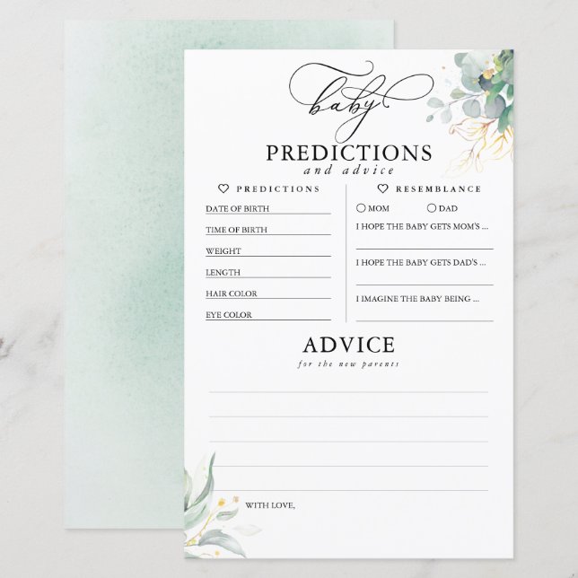 Carte de Baby shower de prédictions et conseils po (Devant / Derrière)