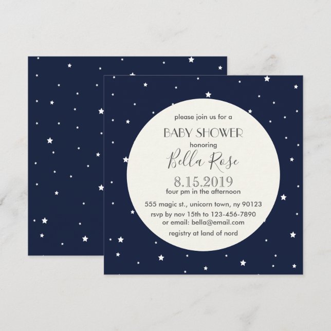Carte de Baby shower d'étoile Pleine lune bleue de (Devant / Derrière)