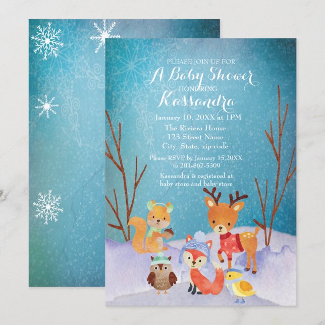 Carte de Baby shower d'hiver pour animaux de bois (Devant / Derrière)