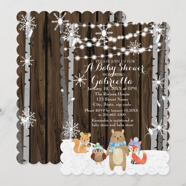 Carte de Baby shower forestier d'hiver Animaux for (Devant / Derrière)