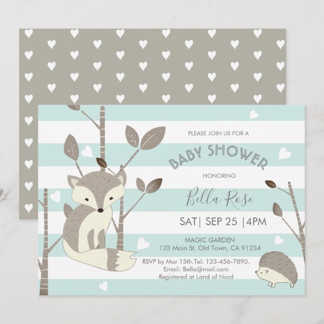 Carte de Baby shower Mint Grey Woodland Fox Hedgeh (Devant / Derrière)