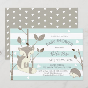 Carte de Baby shower Mint Grey Woodland Fox Hedgeh
