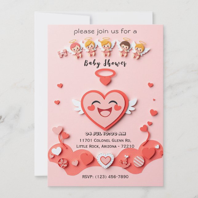 Carte de Baby shower sucré avec Coeur et Anges (Devant)