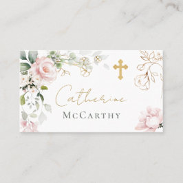 Carte de baptême aux roses roses et feuillage