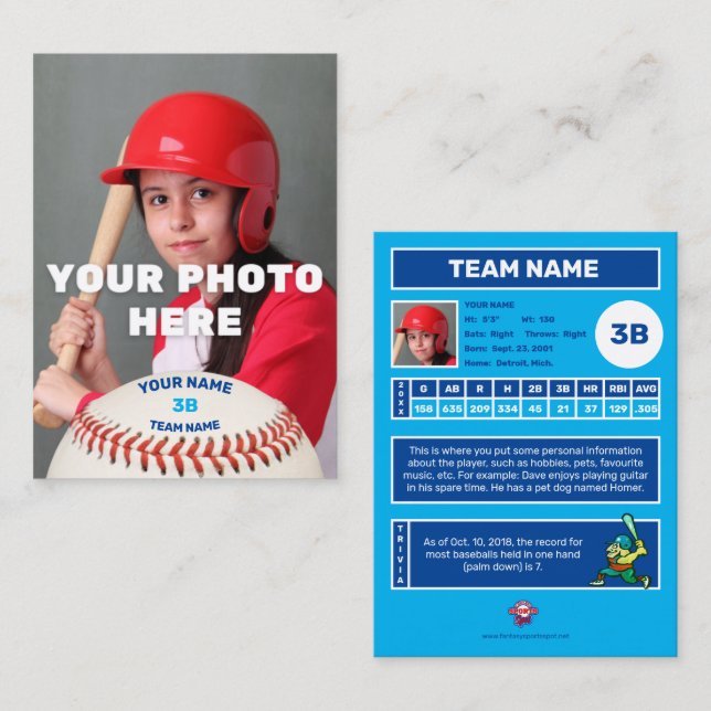 Carte de baseball Bleu arrière - Statistiques pers (Devant / Derrière)