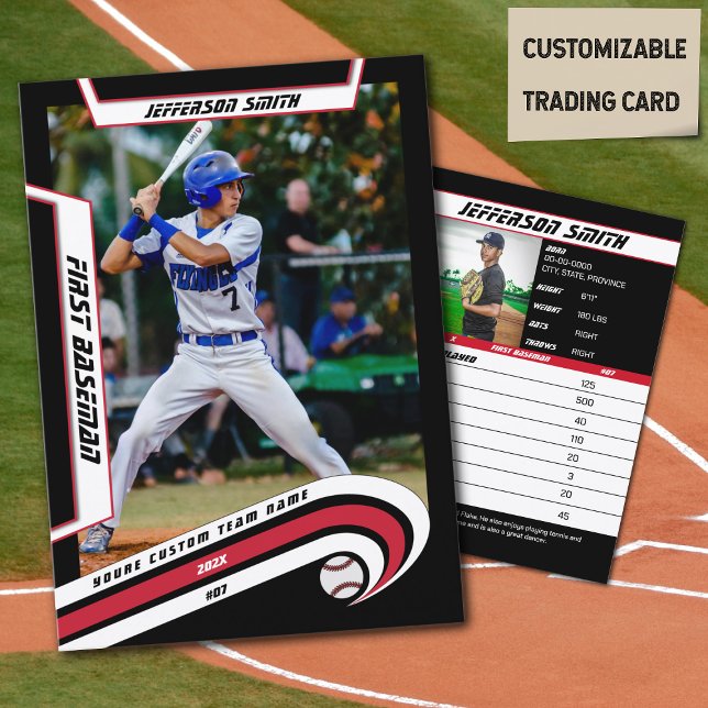 Carte de baseball Rouge vif Noir (Baseball Player Trading Card in Black with Custom Team Name and White Red Elements)