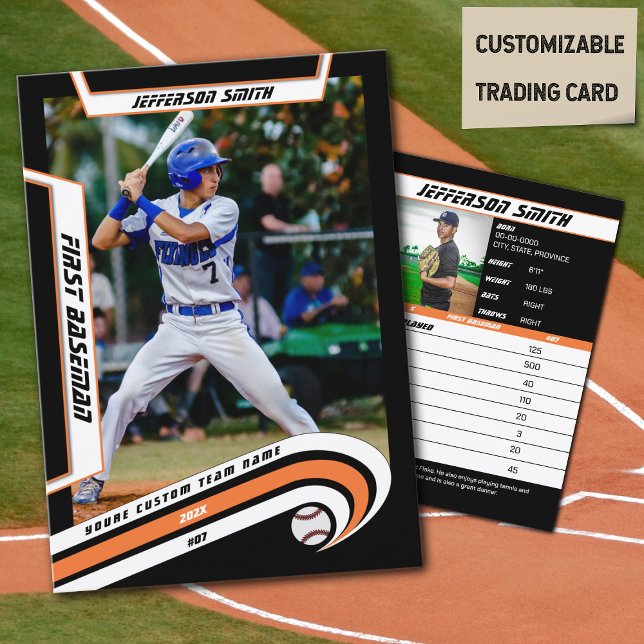 Carte de baseball Vive Orange Noir (Baseball Player Trading Card in Black with Custom Team Name and White Orange Elements)