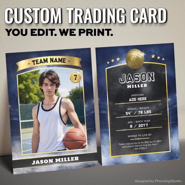 Carte de basketball personnalisée Blue Gold Stadiu (Custom Trading Card, Editable Basketball Trading Card, Modern Blue Gold Stadium Design)