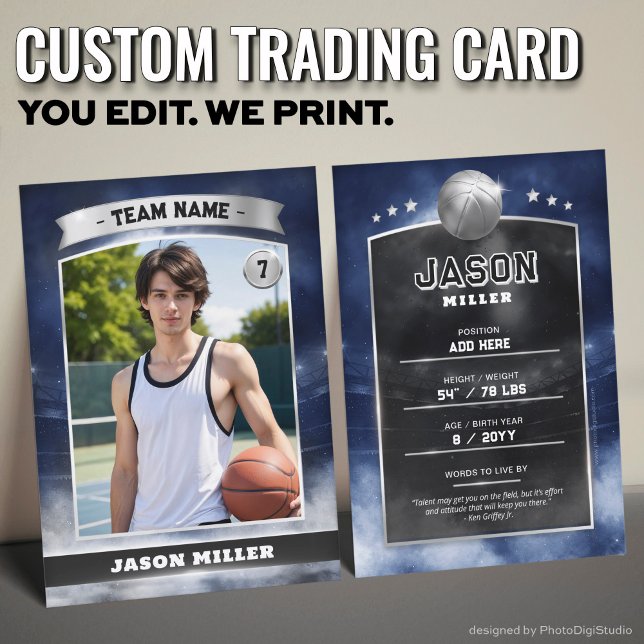 Carte de basketball personnalisée Blue Silver Stad (Custom Trading Card, Editable Basketball Trading Card, Modern Blue SIlver Stadium Design)