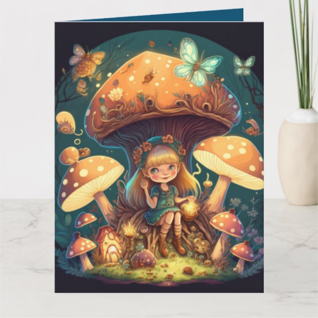 Carte De beaux elfes mignons jouent sous les champignons (Devant)
