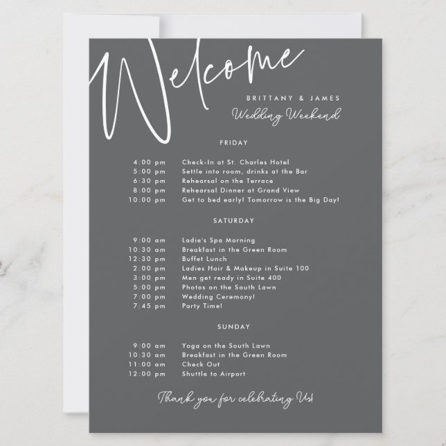 Carte de bienvenue au mariage de la fin de semaine (Devant)