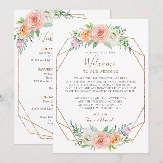 Carte de bienvenue de mariage à fleurs aquarelles  (Devant / Derrière)