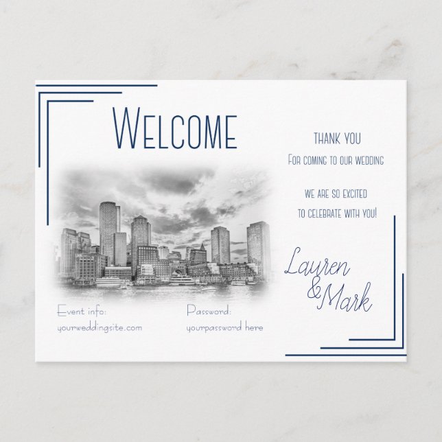 Carte de bienvenue de mariage avec vue sur Boston  (Devant)