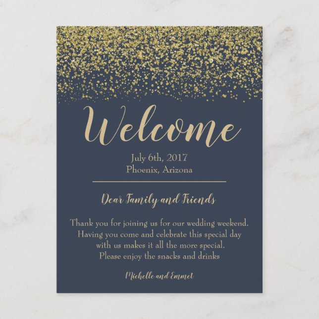 Carte de bienvenue de mariage Navy Blue et Or pour (Devant)