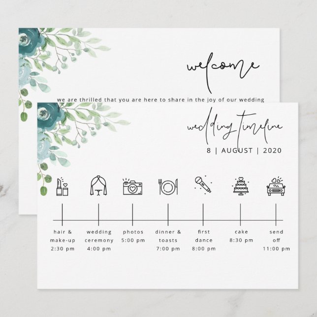 Carte de bienvenue du Mariage Floral Dusty (Devant / Derrière)