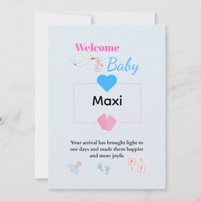 Carte de bienvenue pour bébé bleu mignonne | Nouve (Devant)