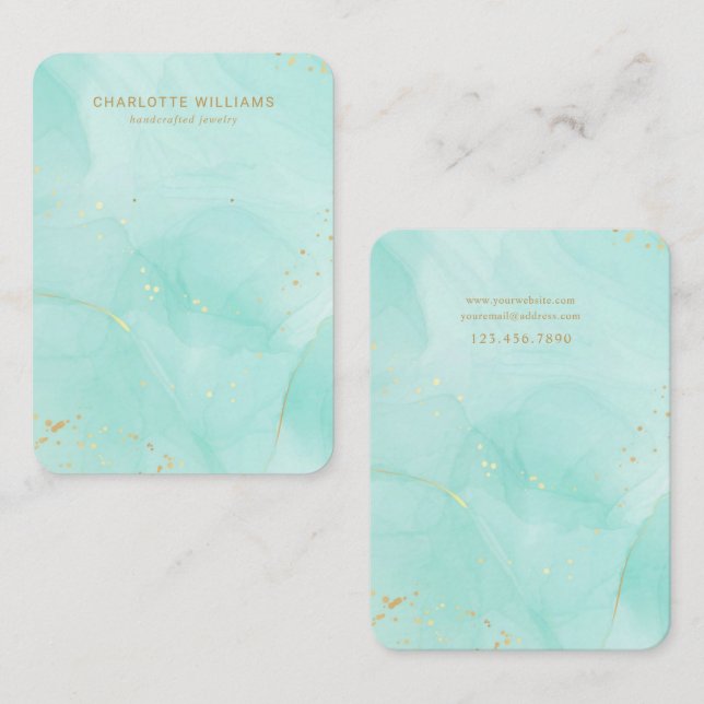 Carte de bijoux turquoise Aquarelle Or personnalis (Devant / Derrière)