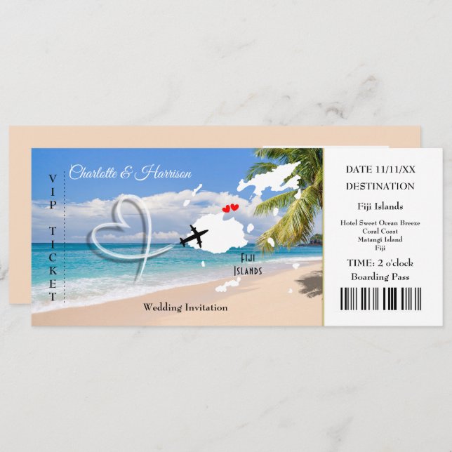 Carte de billet de mariage de destination Fidji (Devant / Derrière)