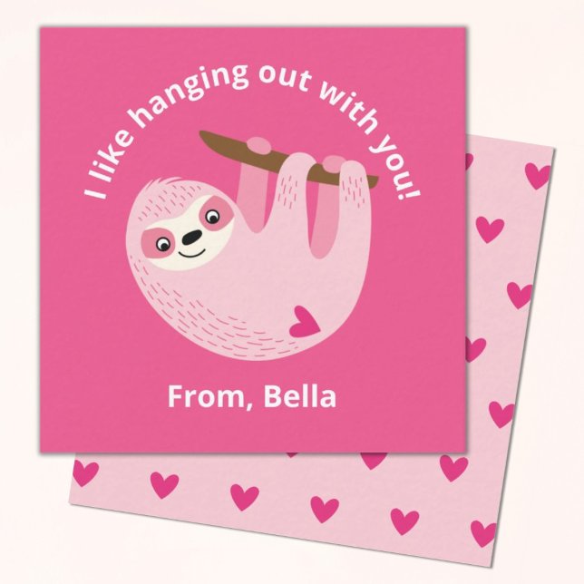 Carte de billet pour enfants roses mignons Valenti (Cute mini 2.5x2.5" pink sloth valentine, perfect for a kids classroom exchange)