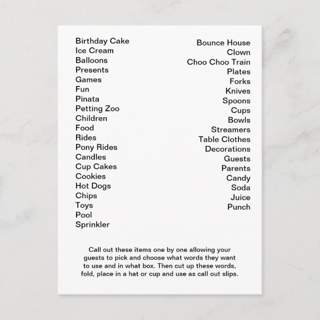 Carte de Bingo Anniversaire Appeler les mots (Devant)