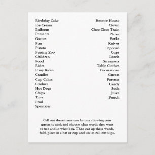 Carte de Bingo Anniversaire Fête Appel Out Mots