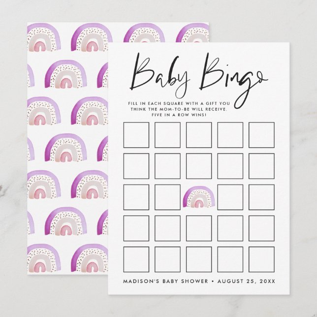 Carte de bingo Baby shower à eau violet arc-en-cie (Devant / Derrière)