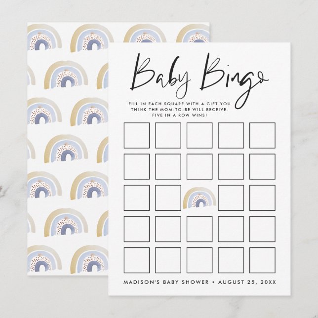 Carte de bingo Baby shower arc-en-ciel bleu aquare (Devant / Derrière)