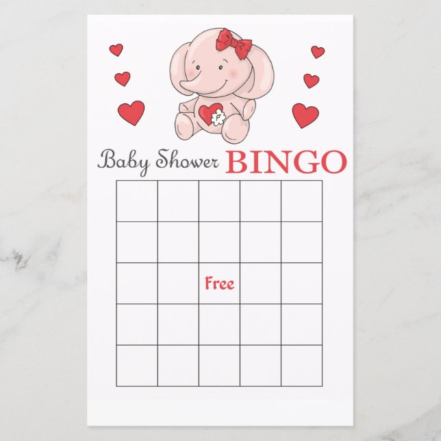 Carte de bingo baby shower d'éléphant rose (Devant)